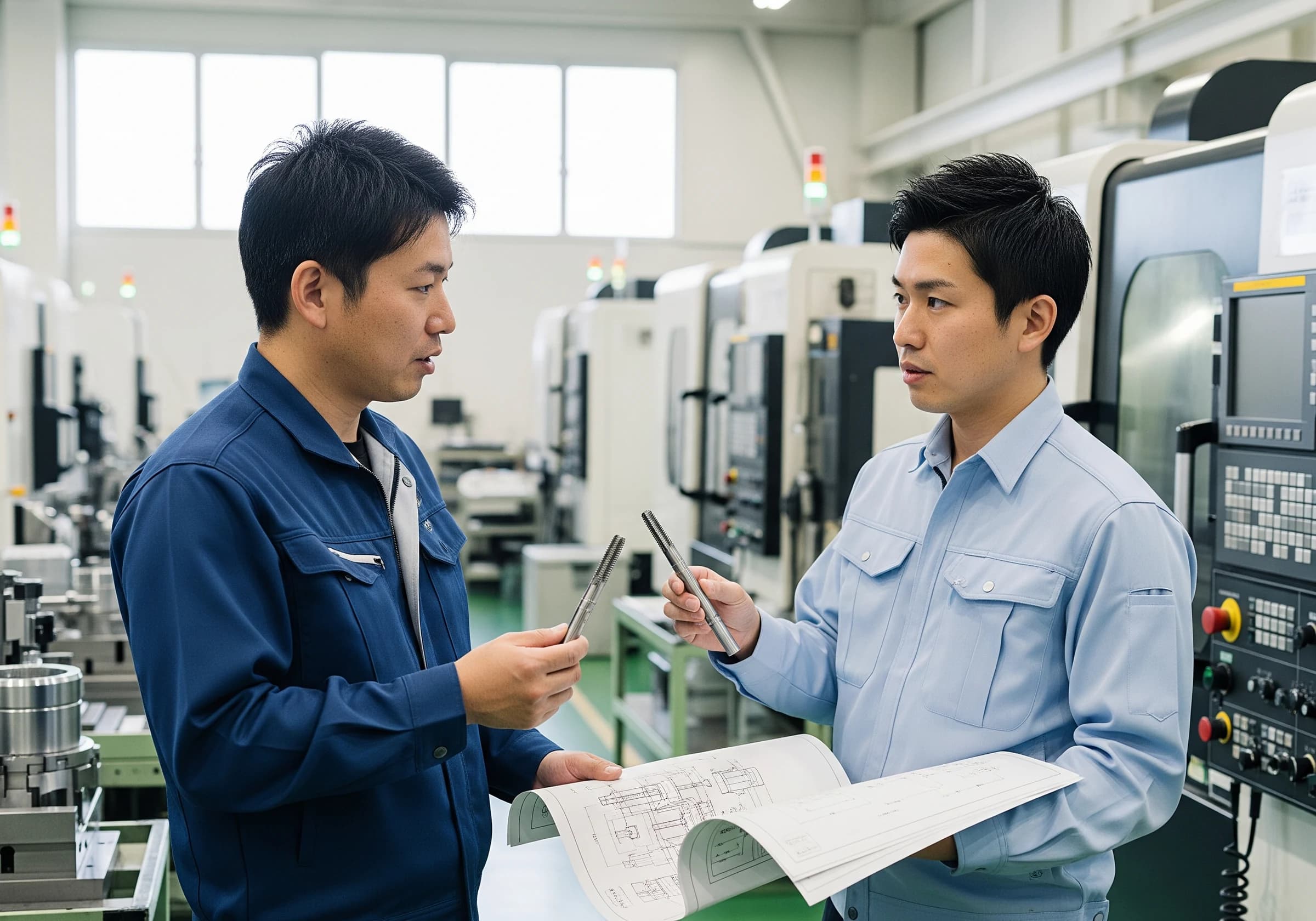 現場で打ち合わせる技術担当とエンジニア